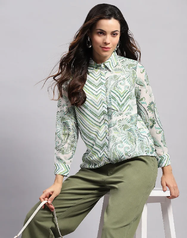 Women Green Printed Collar Full Sleeve Top