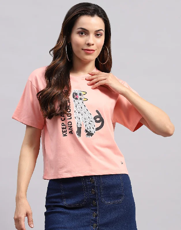 Women Peach Printed Round Neck Half Sleeve Top