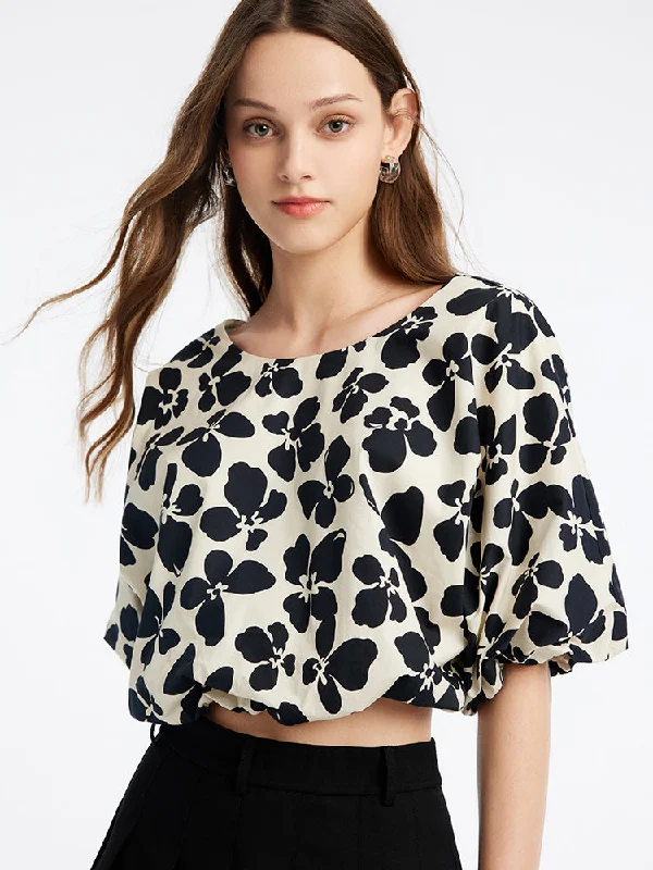 Crop Round Neck Puff Sleeve Blouse