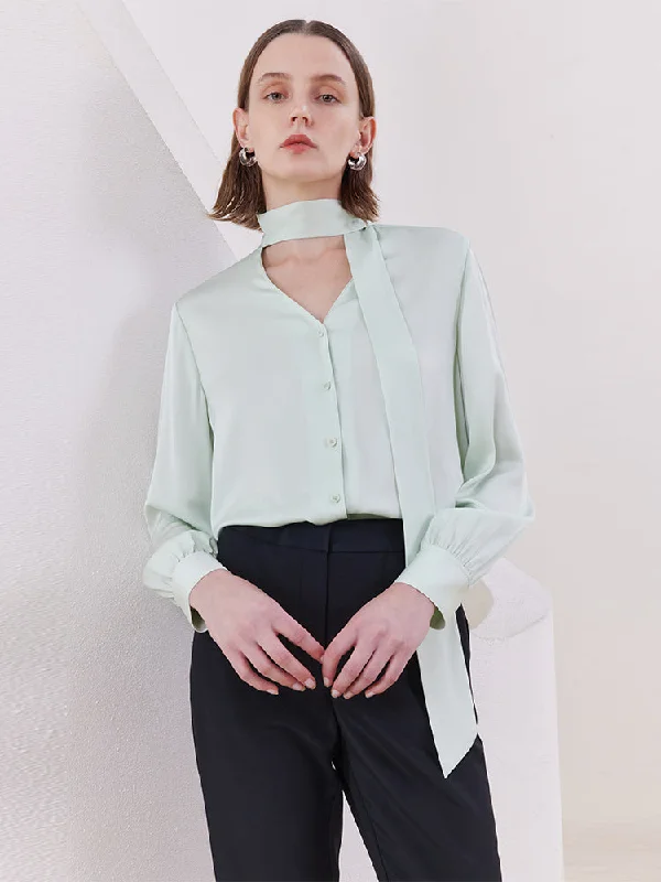 Mint Green 22 Momme Mulberry Silk Women Shirt With Flutter