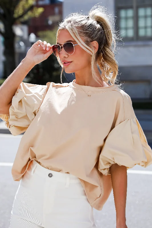 Own The Moment Taupe Contrast Puff Sleeve Top