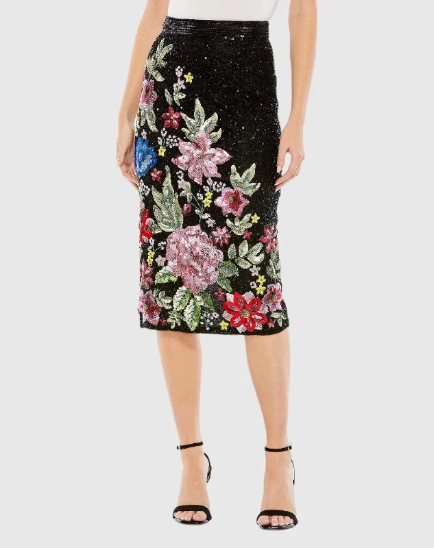 Floral Sequin Embellished Knee Length Column Skirt- FINAL SALE