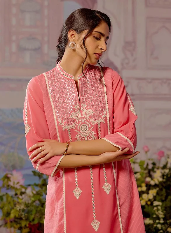 Pink Embroidered Kurta with Asymmetrical Hemline and Mandarin Collar