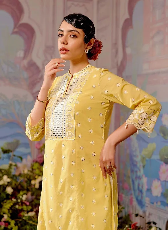 Mustard Schiffli Embroidery Kurta with Mirror Work