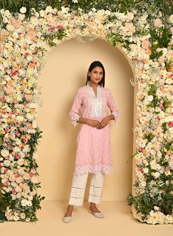 Pink Schiffli Embroidery Kurta with Mirror Work