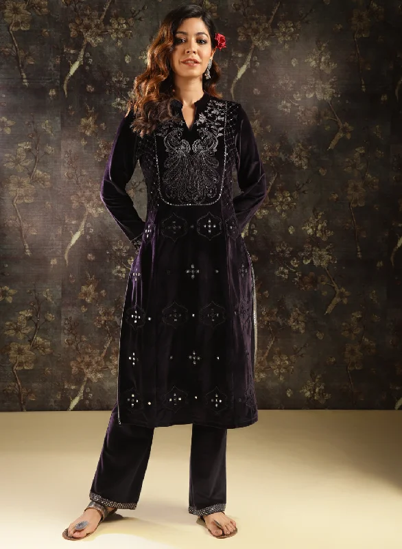 Purple Embellished Party-wear Velvet Kurta Set