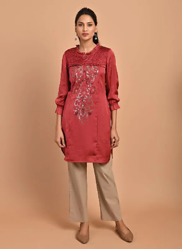 Red Satin Kurti with Sequin Work and Puff Sleeves