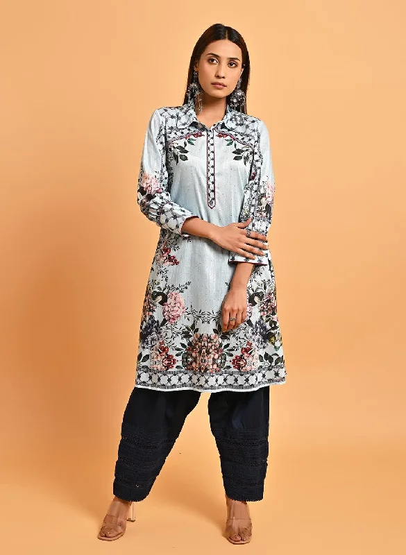 Spa Blue Floral Printed Button Down Kurti with Sequin Work