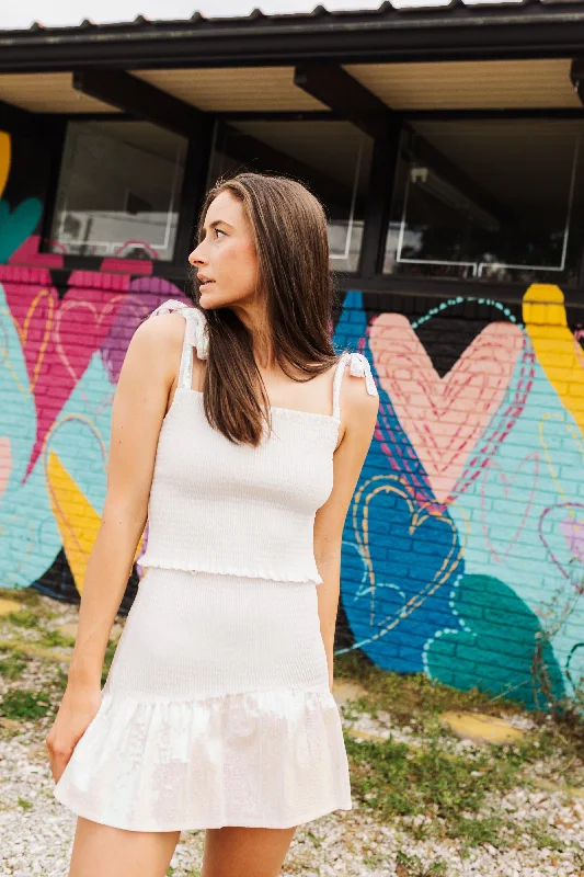 White Smocked Sequin Tie Tank