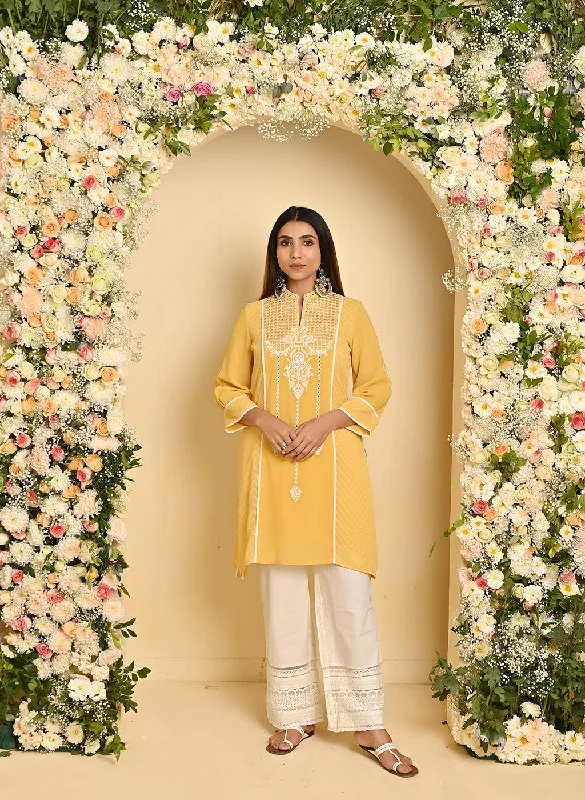 Yellow Embroidered Kurta with Asymmetrical Hemline and Mandarin Collar