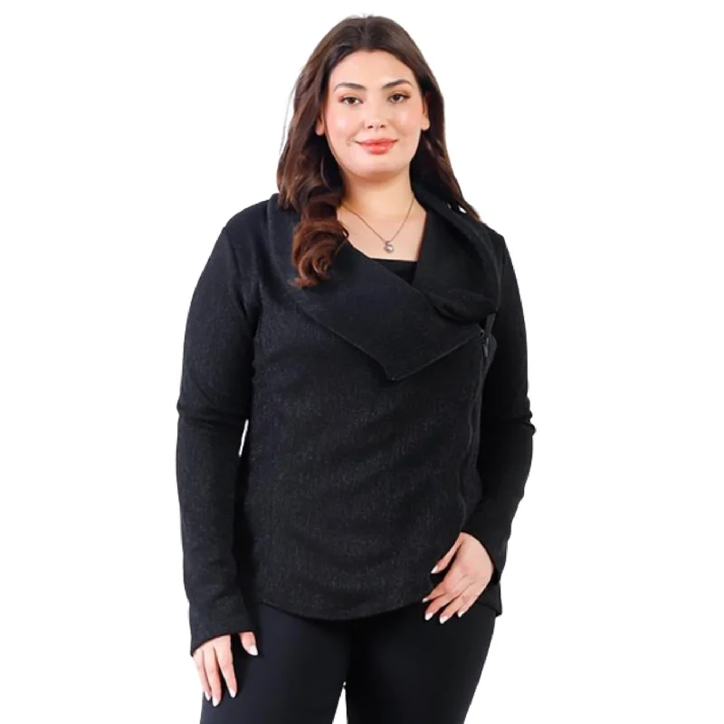 Plus Black Lurex Draped Collar Side Zip Up Lightweight Jacket