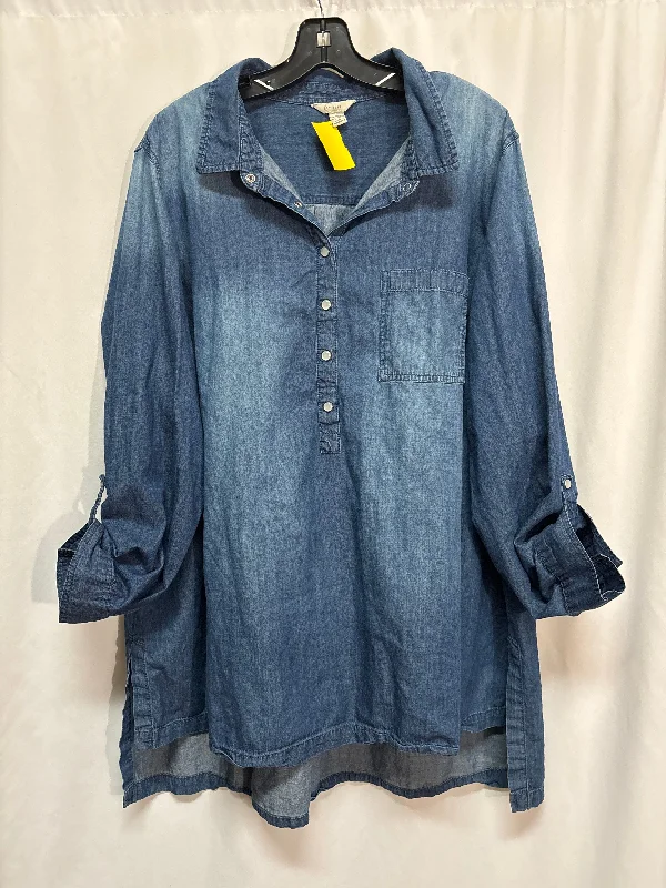 Top Long Sleeve By Cato In Blue Denim, Size: 4x