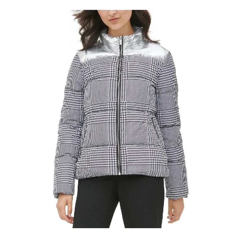 Calvin Klein Women's Houndstooth Print Metallic Trim Puffer Jacket Grey Size Small