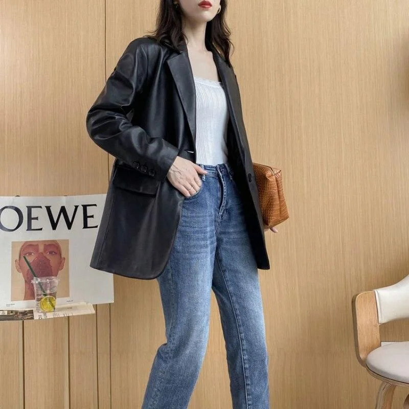 Genuine Leather Loose Oversize Long Jacket with Pocket for Women