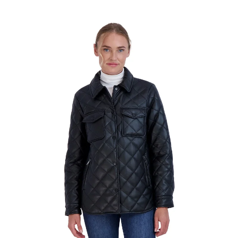 Sebby Collection Women's Faux Leather Quilted Shirt Jacket