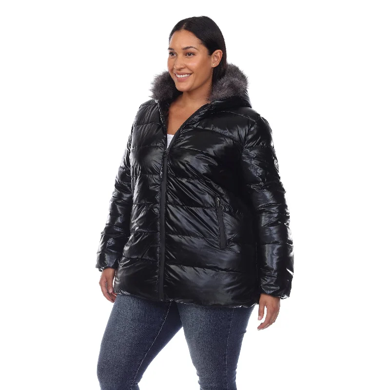 White Mark Women's Plus Size Metallic Puffer Coat with Hoodie