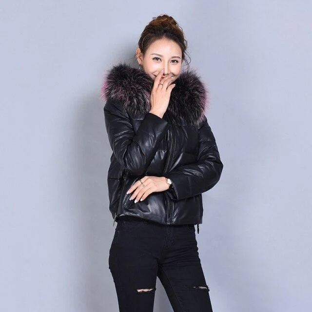 Women's Korean Style Sheepskin Leather Fox Fur Collar Jacket for Winter