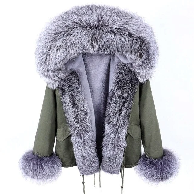 Women's Winter Solid Color Full Sleeves Parkas with Natural Racoon Fur Trim