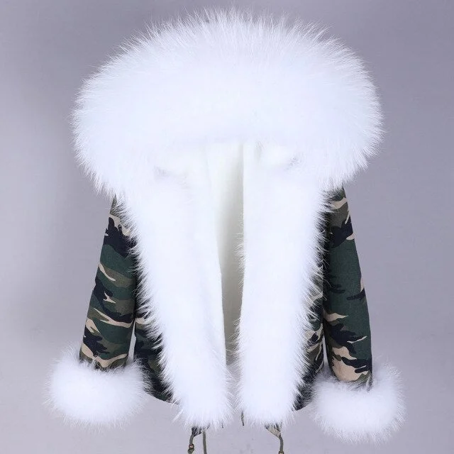 Women's Winter Style Natural Racoon Fur Sleeves and Collar Printed Parkas