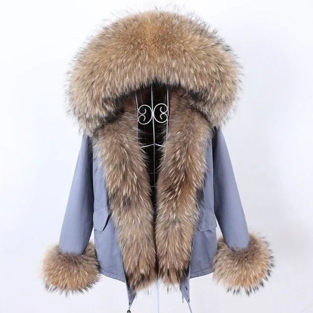 Women's Winter Thick Warm Parkas with Natural Racoon Fur Sleeves and Collar