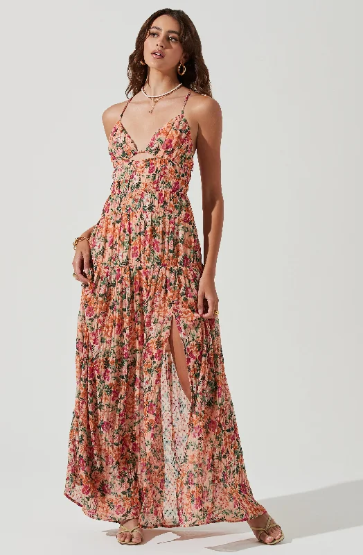 Tropics Plunge Neck Pleated Open Back Maxi Dress