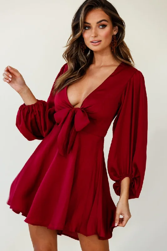 Madison Bow Tie Bust Balloon Sleeve Dress Wine