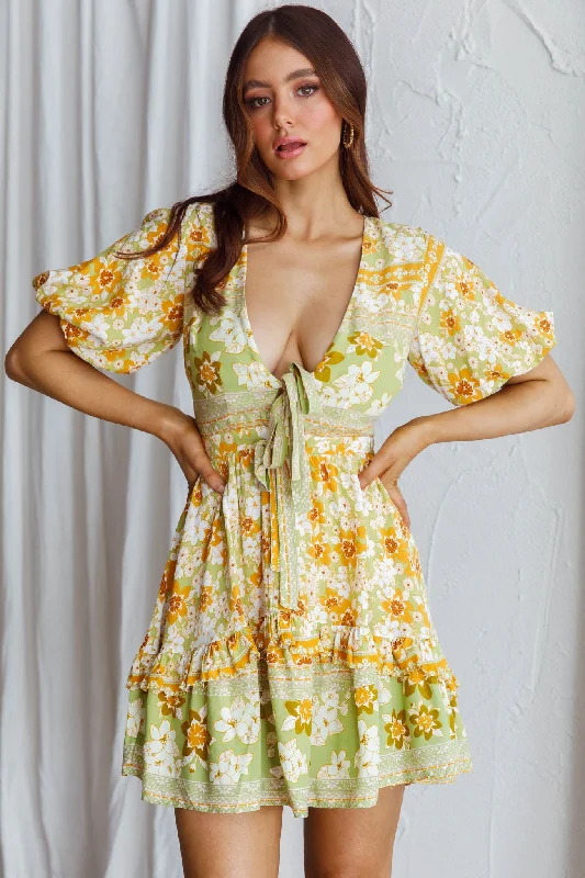 Rosy Tied Bust Mini Dress Floral Apple/Yellow