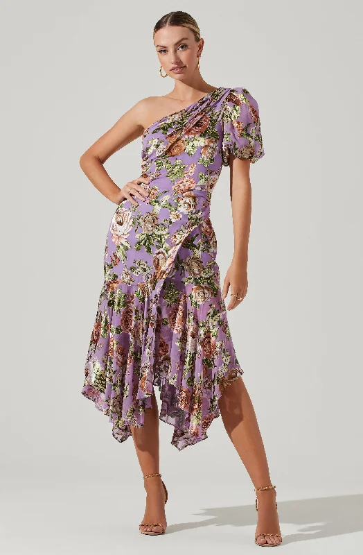 Santorini Floral One Shoulder Midi Dress