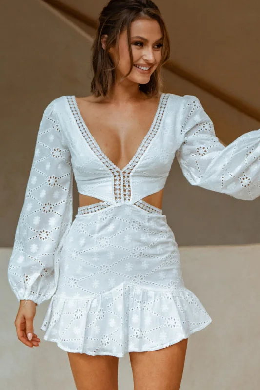 Santorini Sunset Balloon Sleeve Cut-Out Eyelet Dress White