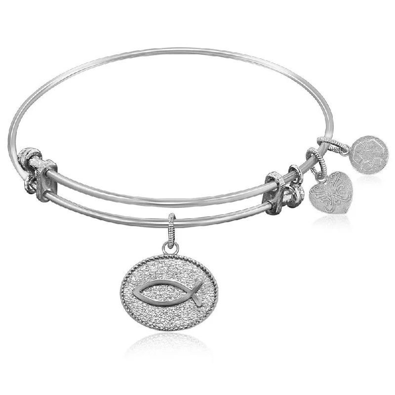 Expandable Bangle in White Tone Brass with Christian Fish Ichthys Symbol