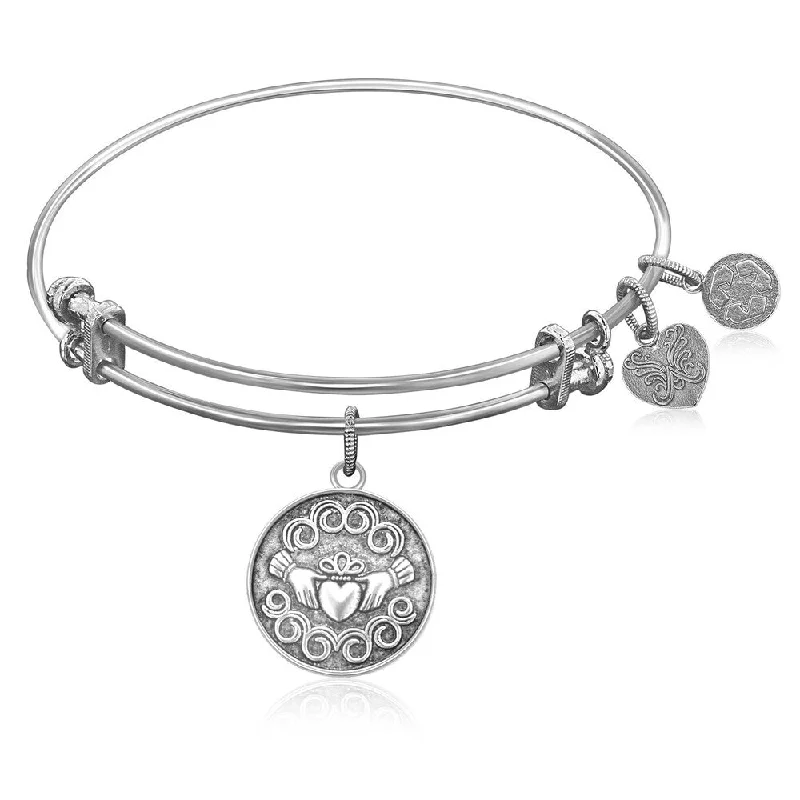 Expandable Bangle in White Tone Brass with Claddagh Love And Friendship Symbol