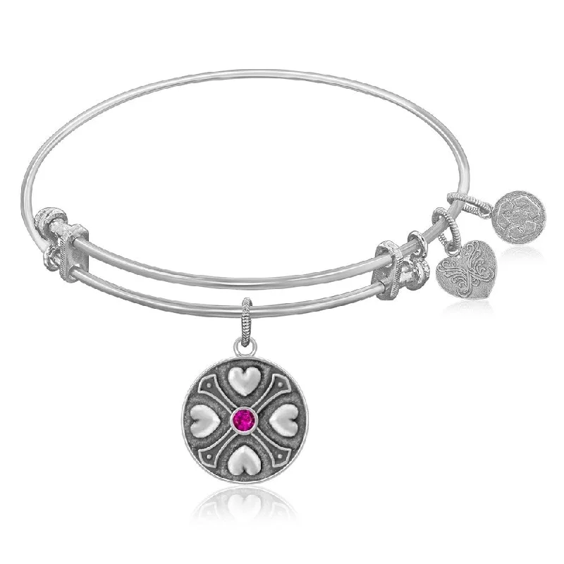 Expandable Bangle in White Tone Brass with Ruby July Symbol