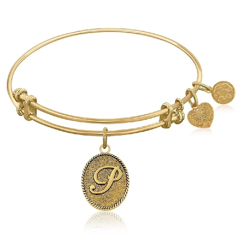 Expandable Bangle in Yellow Tone Brass with Initial P Symbol