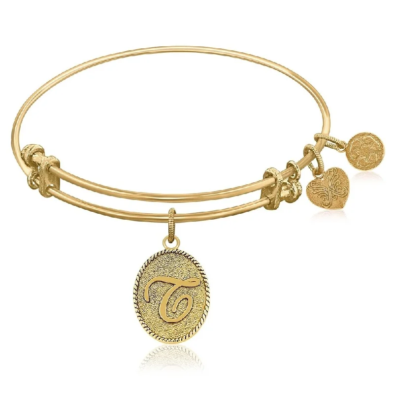 Expandable Bangle in Yellow Tone Brass with Initial T Symbol