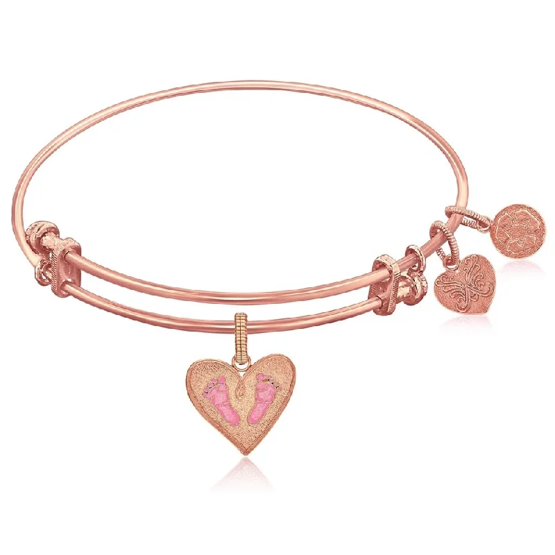 Expandable Pink Tone Brass Bangle with Pink Enamel Baby Foot Print Symbol