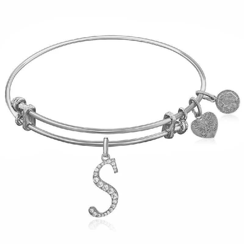 Expandable White Tone Brass Bangle with S Symbol with Cubic Zirconia