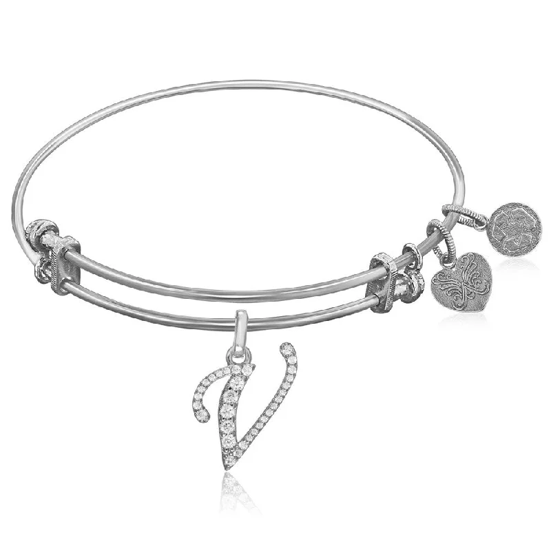 Expandable White Tone Brass Bangle with V Symbol with Cubic Zirconia