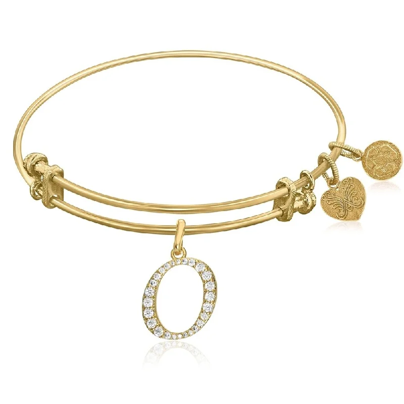 Expandable Yellow Tone Brass Bangle with O Symbol with Cubic Zirconia