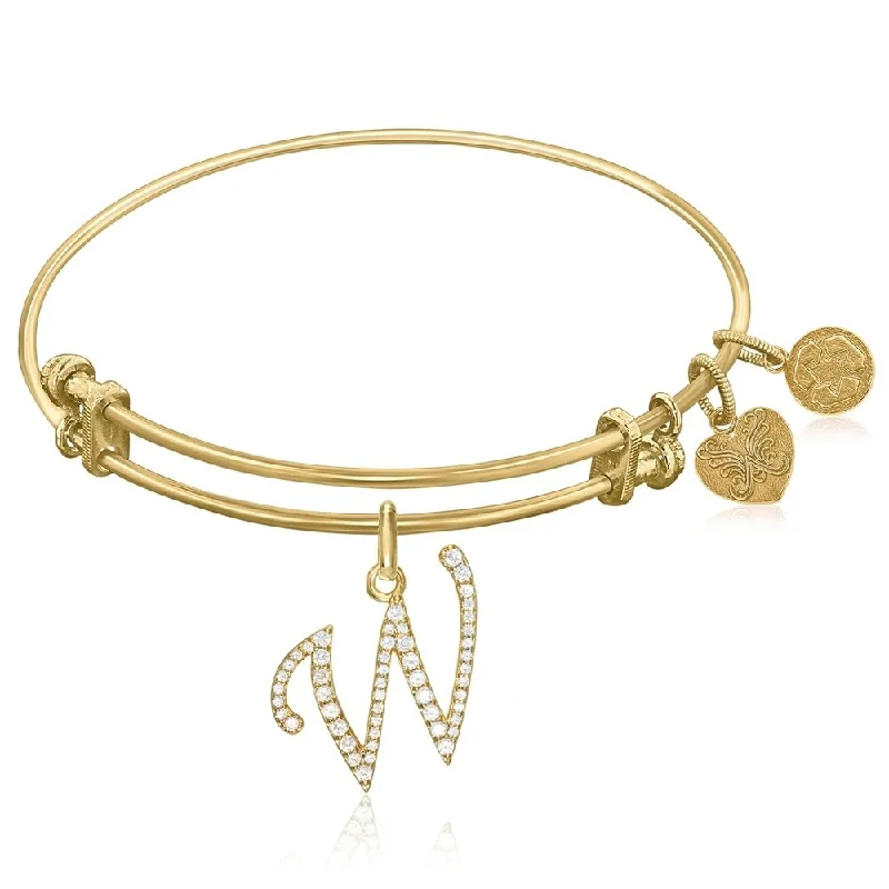 Expandable Yellow Tone Brass Bangle with W Symbol with Cubic Zirconia