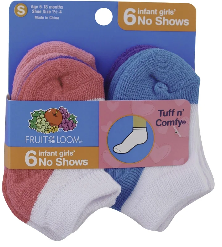 Fruit of the Loom Girl`s Infant/Toddler Core 6 Pack No Show Socks