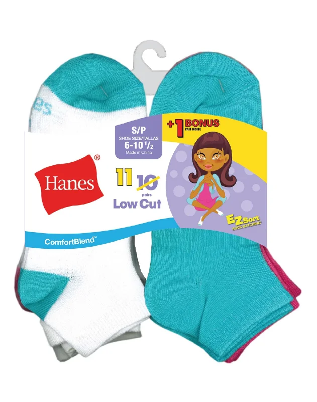 Hanes Girls` EZ-Sort 11-Pack ComfortBlend Low Cut Socks