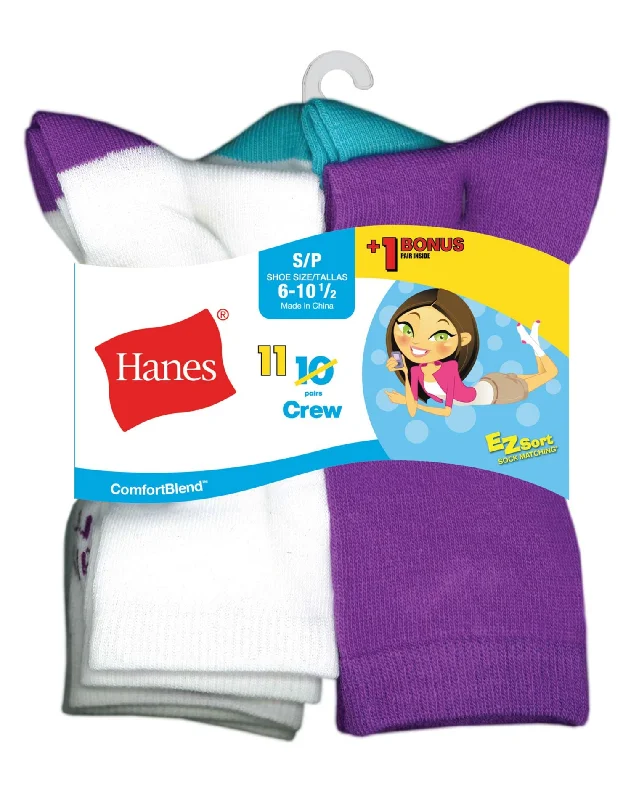 Hanes Girls` EZ-Sort ComfortBlend 11-Pack Crew Socks