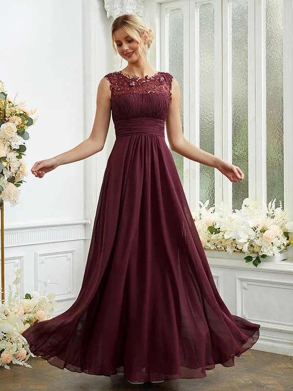 A-Line/Princess Chiffon Lace Scoop Sleeveless Floor-Length Bridesmaid Dresses