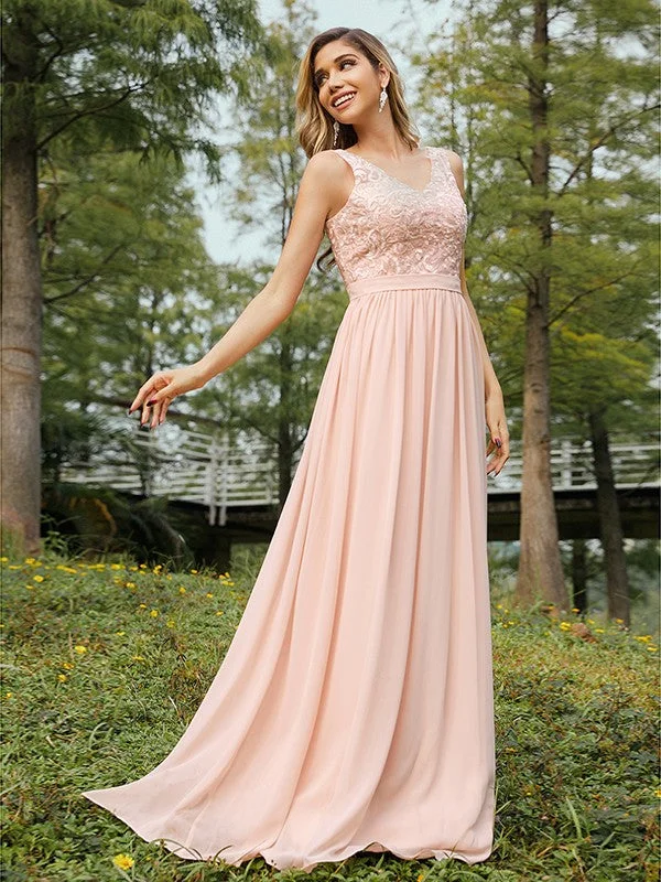 A-Line/Princess Chiffon Lace V-neck Sleeveless Floor-Length Bridesmaid Dresses