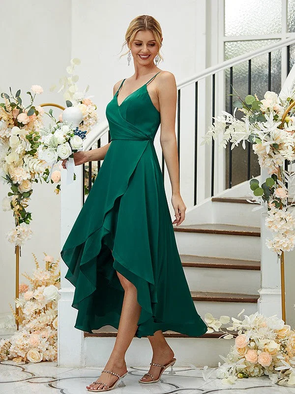 A-Line/Princess Satin Chiffon Ruched V-neck Sleeveless Asymmetrical Bridesmaid Dresses