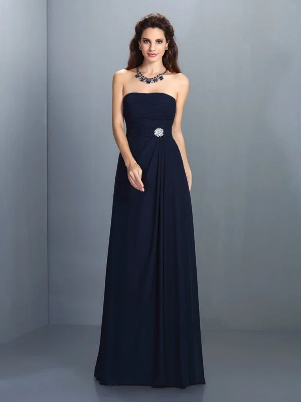 A-Line/Princess Strapless Rhinestone Sleeveless Long Chiffon Bridesmaid Dresses