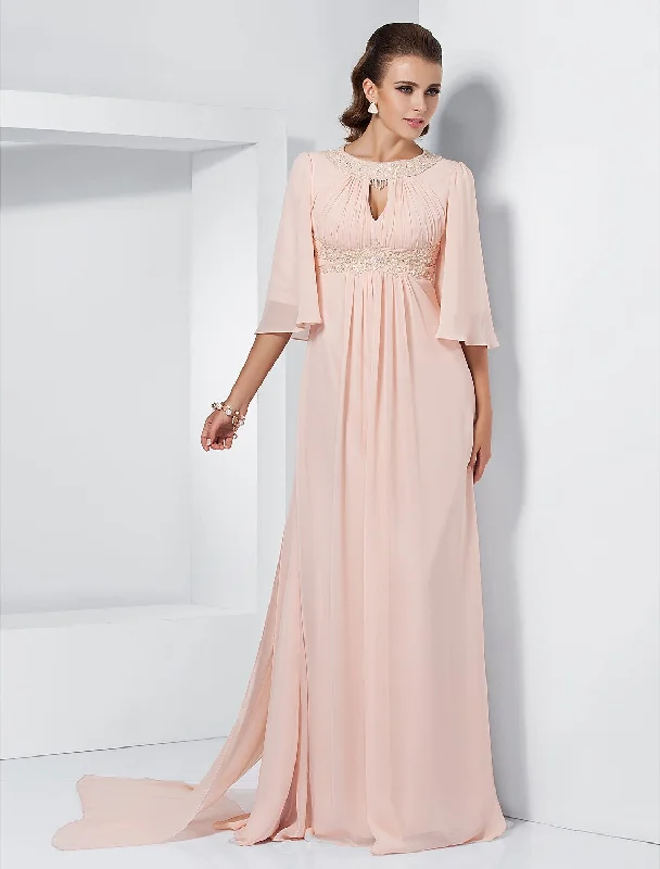 A-Line Special Occasion Dresses Elegant Dress Wedding Guest Sweep / Brush Train Half Sleeve Jewel Neck Chiffon with Beading Draping