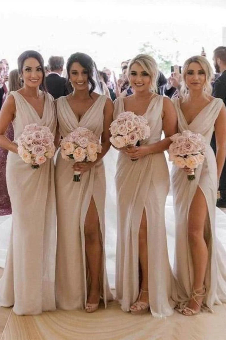 Bridesmaid Dresses Simple V Neck Sleeveless Sheath  Pleated Long  With Slit