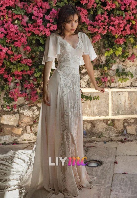 V-Neck Sleeves Chiffon Appliques A-Line Boho Wedding Dress