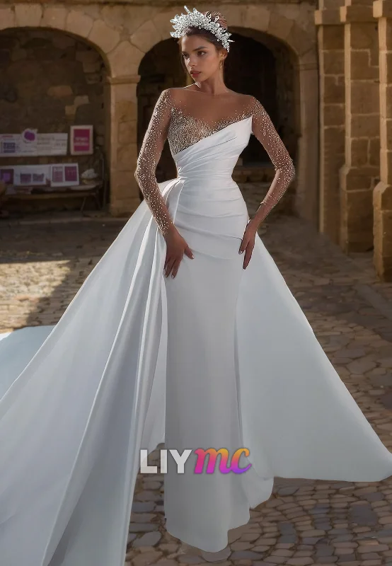 V-Neck Long Sleeves Beaded Sheath Sparkly Wedding Dress